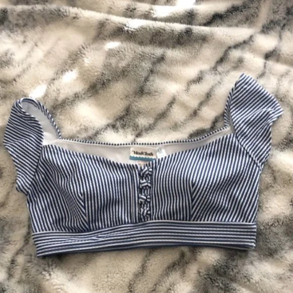 Modcloth "Sissone" Off Shoulder Cap Sleeve Button Up Swim Top - Size Medium - Picture 4 of 9